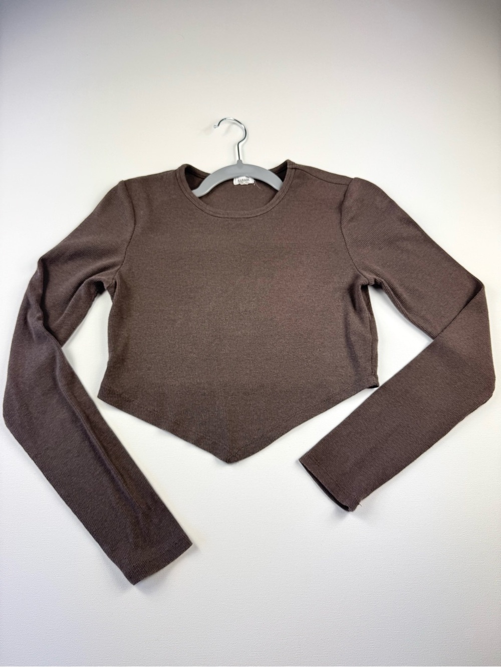 Garage Brown Pointed Hem Long Sleeve Crop Top Cotton Rayon Size M
